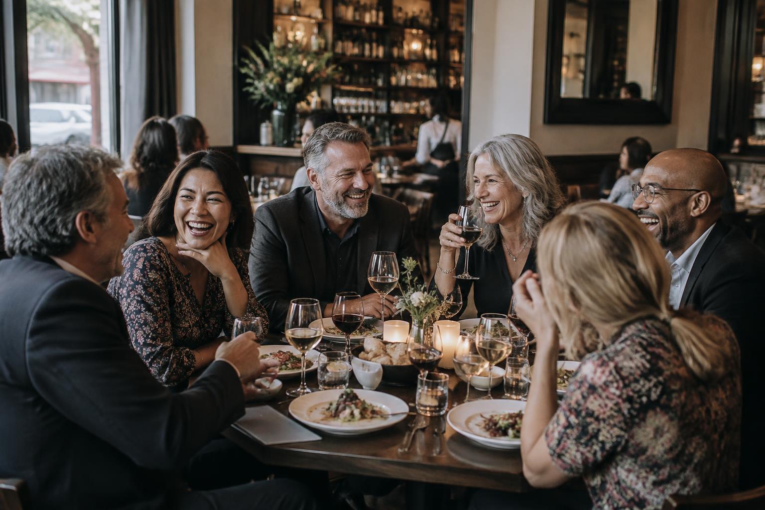 A group of adults over 45 laughing together over dinner